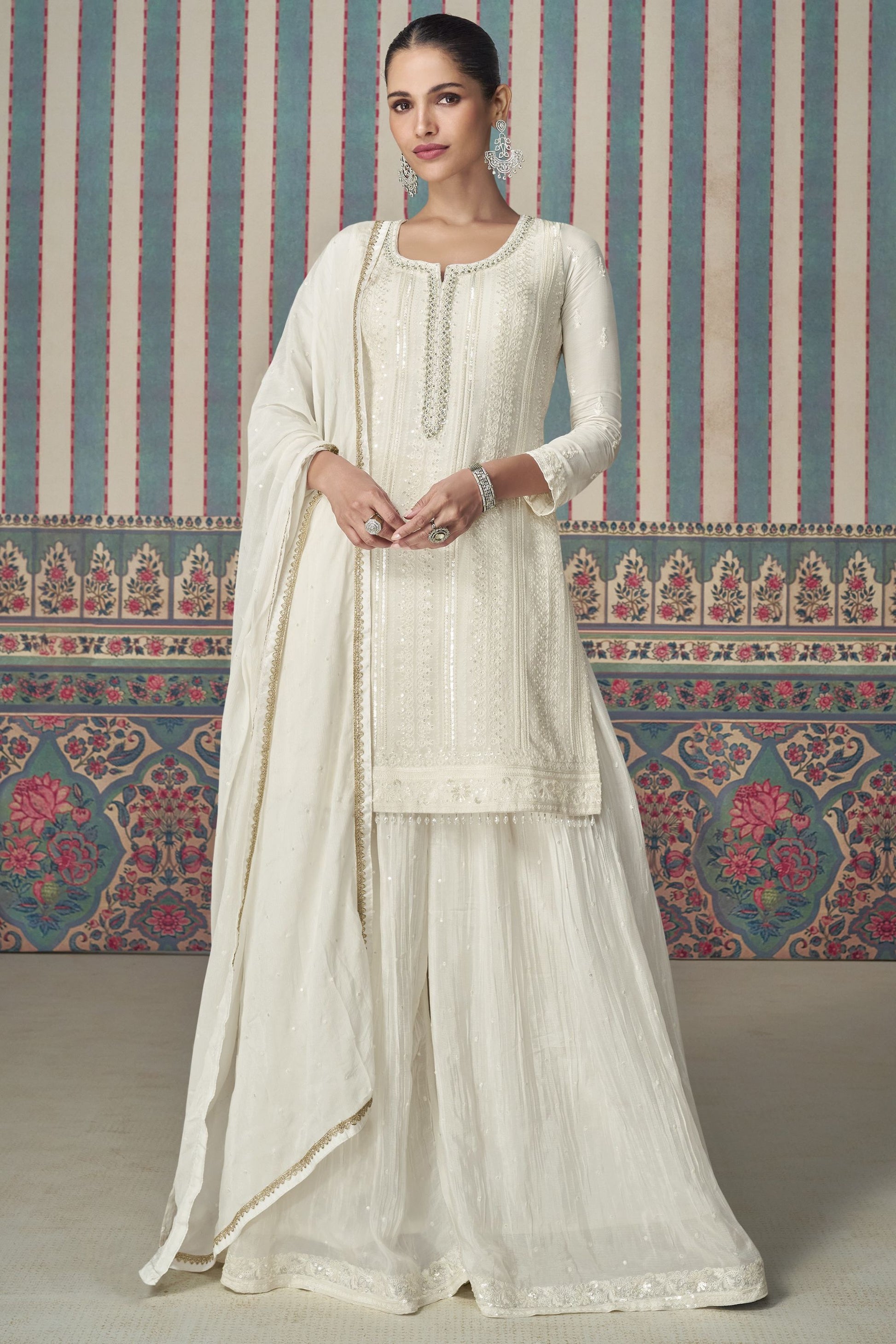 White Chinon Silk Plazo Suits for Indian Festival & Pakistani Wedding - Embroidery Work