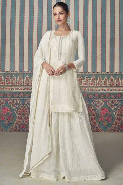 White Chinon Silk Plazo Suits for Indian Festival & Pakistani Wedding - Embroidery Work