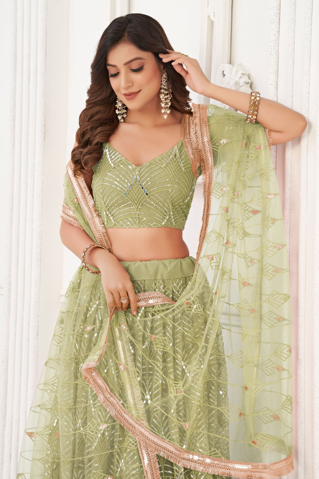 Olive Net Embroidered Lehenga Choli For Indian Festival & Weddings - Embroidery Work