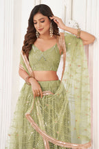 Olive Net Embroidered Lehenga Choli For Indian Festival & Weddings - Embroidery Work