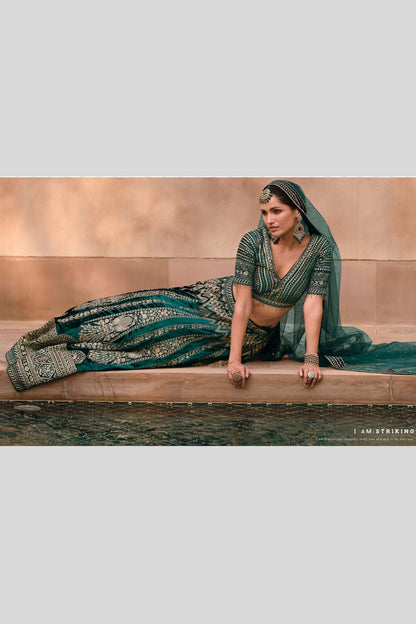 Teal Lycra Silk Lehenga Choli Handwork Blouse For Indian Festivals & Weddings - Embroidery Work, Handwork