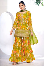 Green Chinon Silk Pakistani Sharara Suit for Mehndi - Thread & Sequence Embroidery Work, Zari Work, Stone & Mirror Work, Print Work