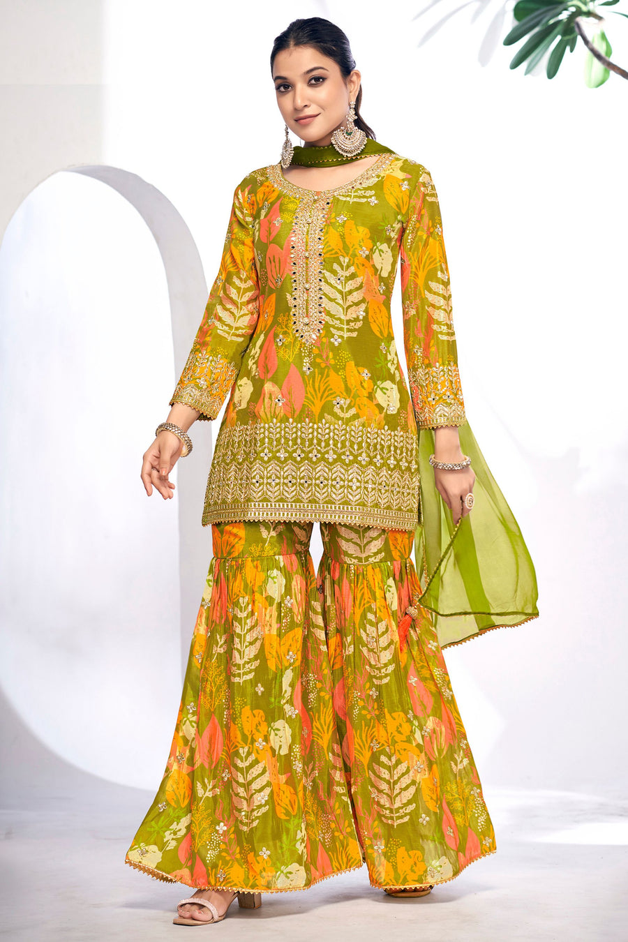 Green Chinon Silk Sharara Suits Dress for Indian Festival & Pakistani Wedding - Thread & Sequence Embroidery Work, Zari Work, Stone & Mirror Work, Print Work