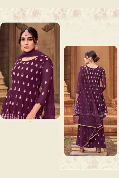 Purple Pakistani Georgette Sharara For Indian Festivals & Weddings - Thread Embroidery Work,