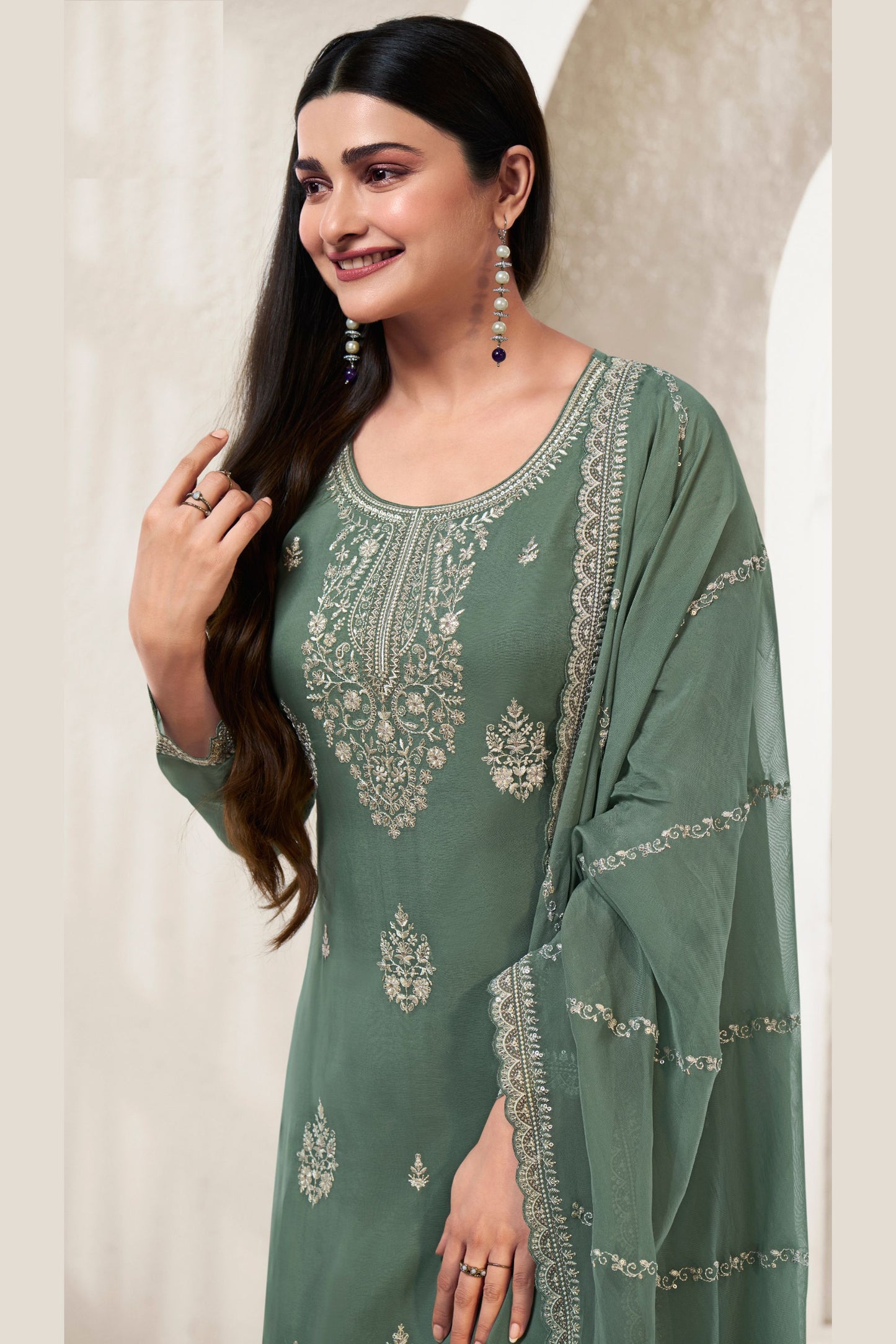 Dusty Green Organza Kameez with Pant For Indian Suit Festivals & Weddings - Thread Embroidery Work