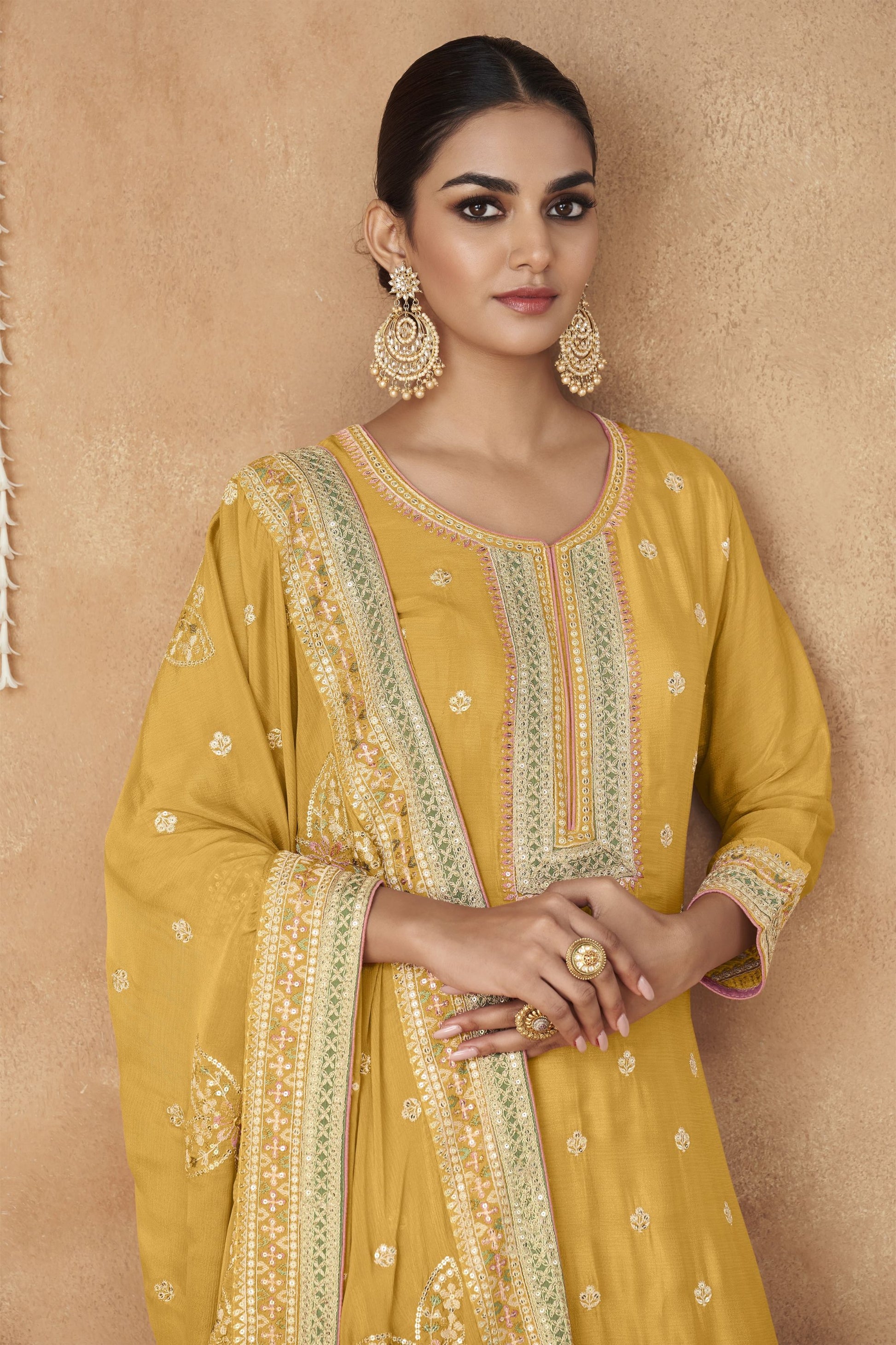 Mustard Chinon Silk Palazzo Suit For Indian Weddings & Pakitani Festival - Embroidery Work