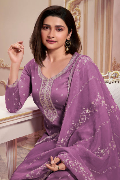 Purple Georgette Silk Kameez with Pant For Indian Suit Festivals & Pakistani Weddings - Embroidery Work