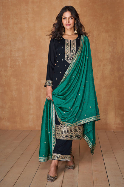 Navy Blue Silk Salwar Kameez with Pant For Indian Festivals & Weddings - Thread Embroidery Work