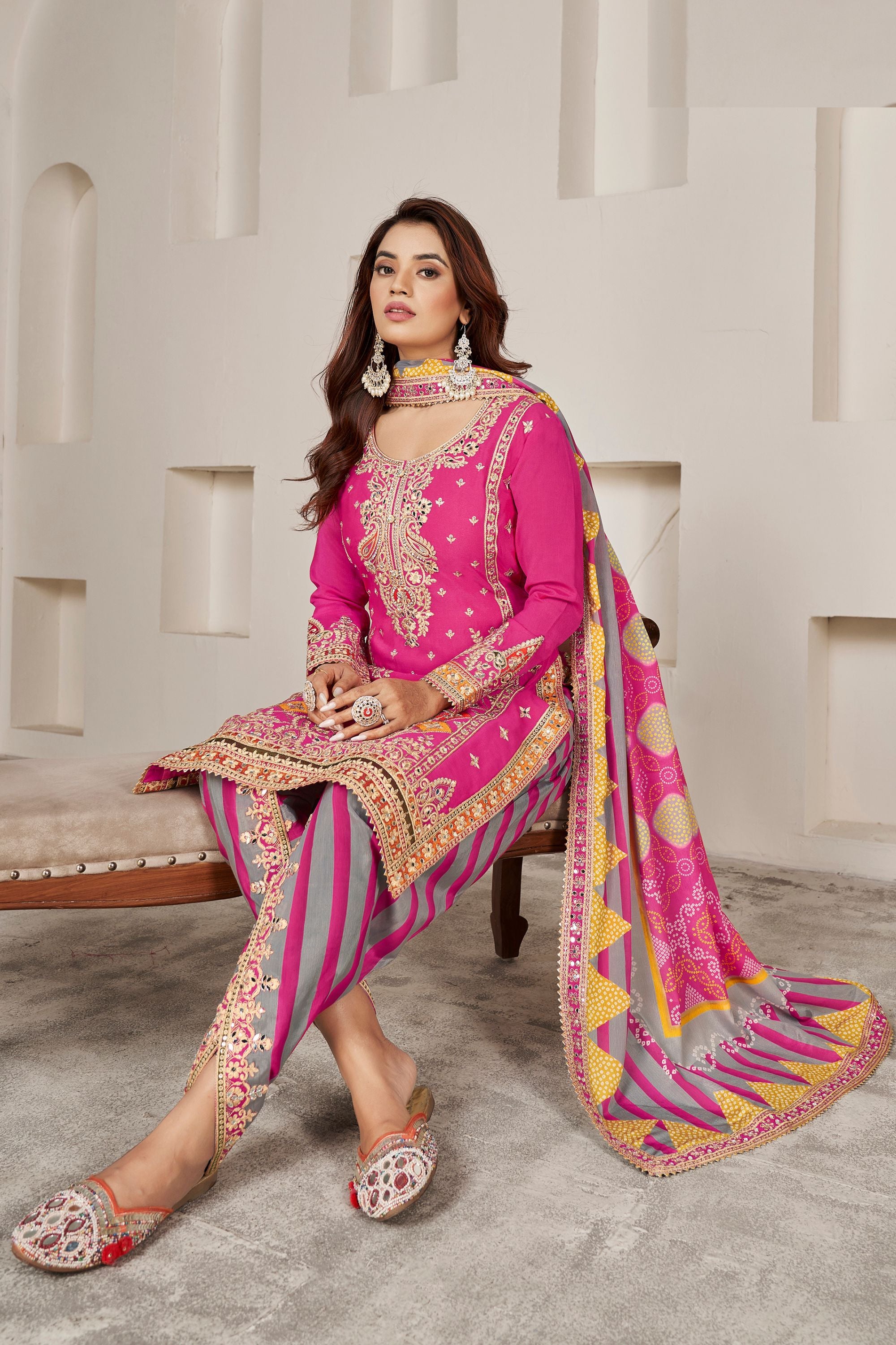Pink Chinon Silk Salwar Kameez with Dhoti Tulip for Indian Festival & Pakistani Wedding - Sequence Embroidery Work, Dori Work, Print Work, Mirror Work