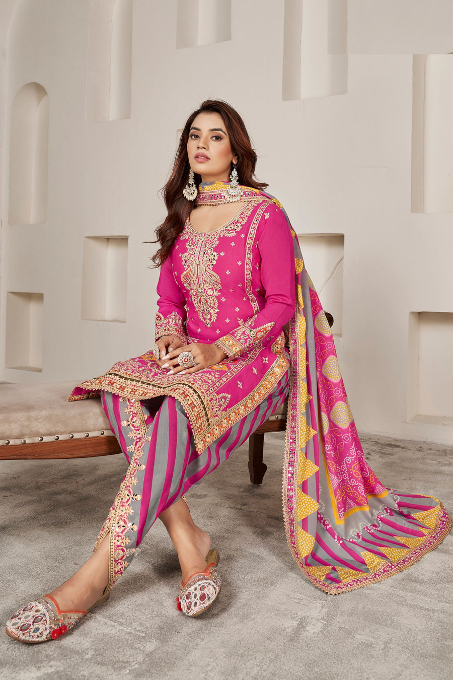 Pink Chinon Silk Salwar Kameez with Dhoti Tulip for Indian Festival & Pakistani Wedding - Sequence Embroidery Work, Dori Work, Print Work, Mirror Work