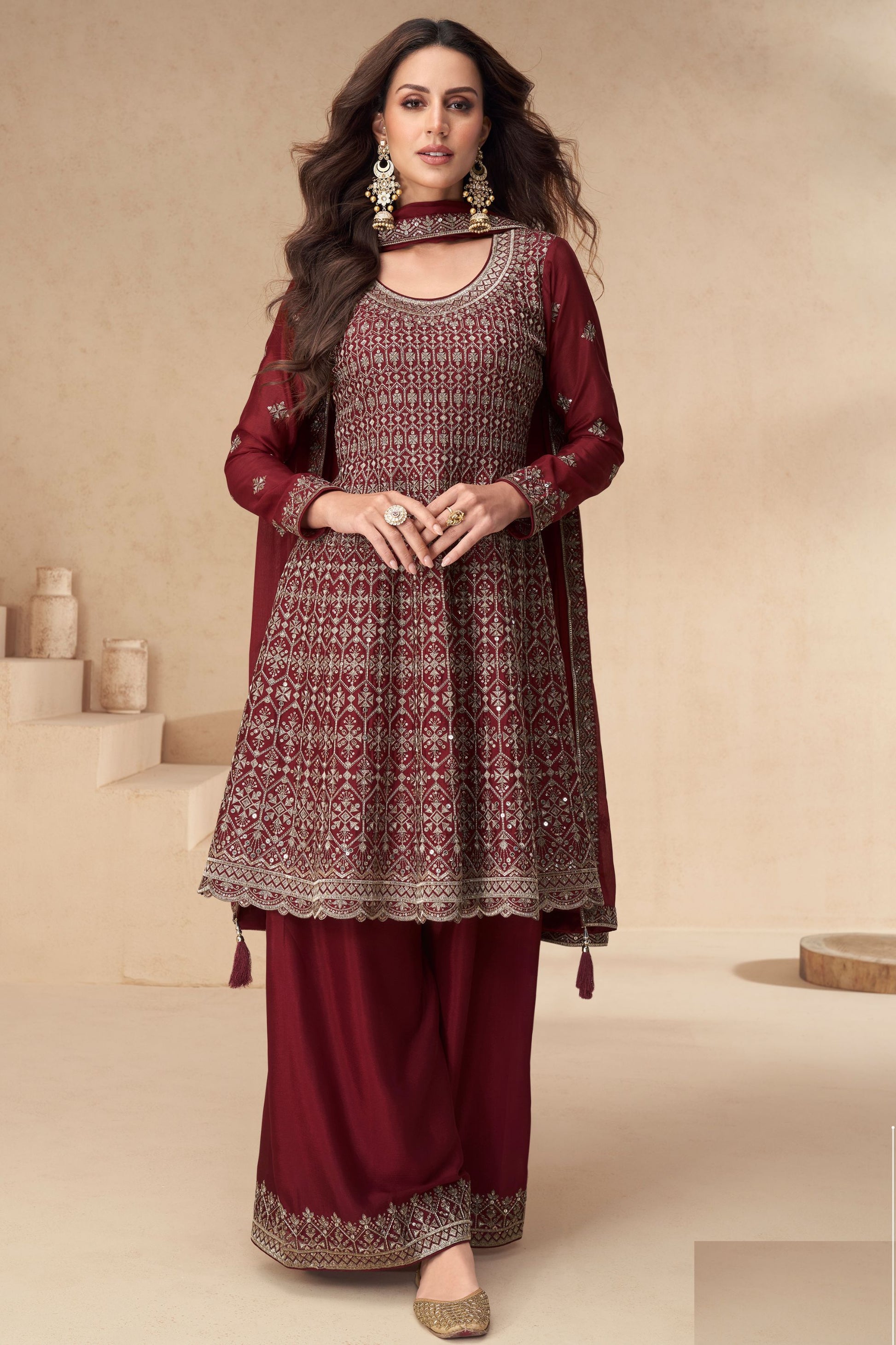 Dark Red Chinon Silk Plazo Suit For Wedding & Festival - Embroidery Work