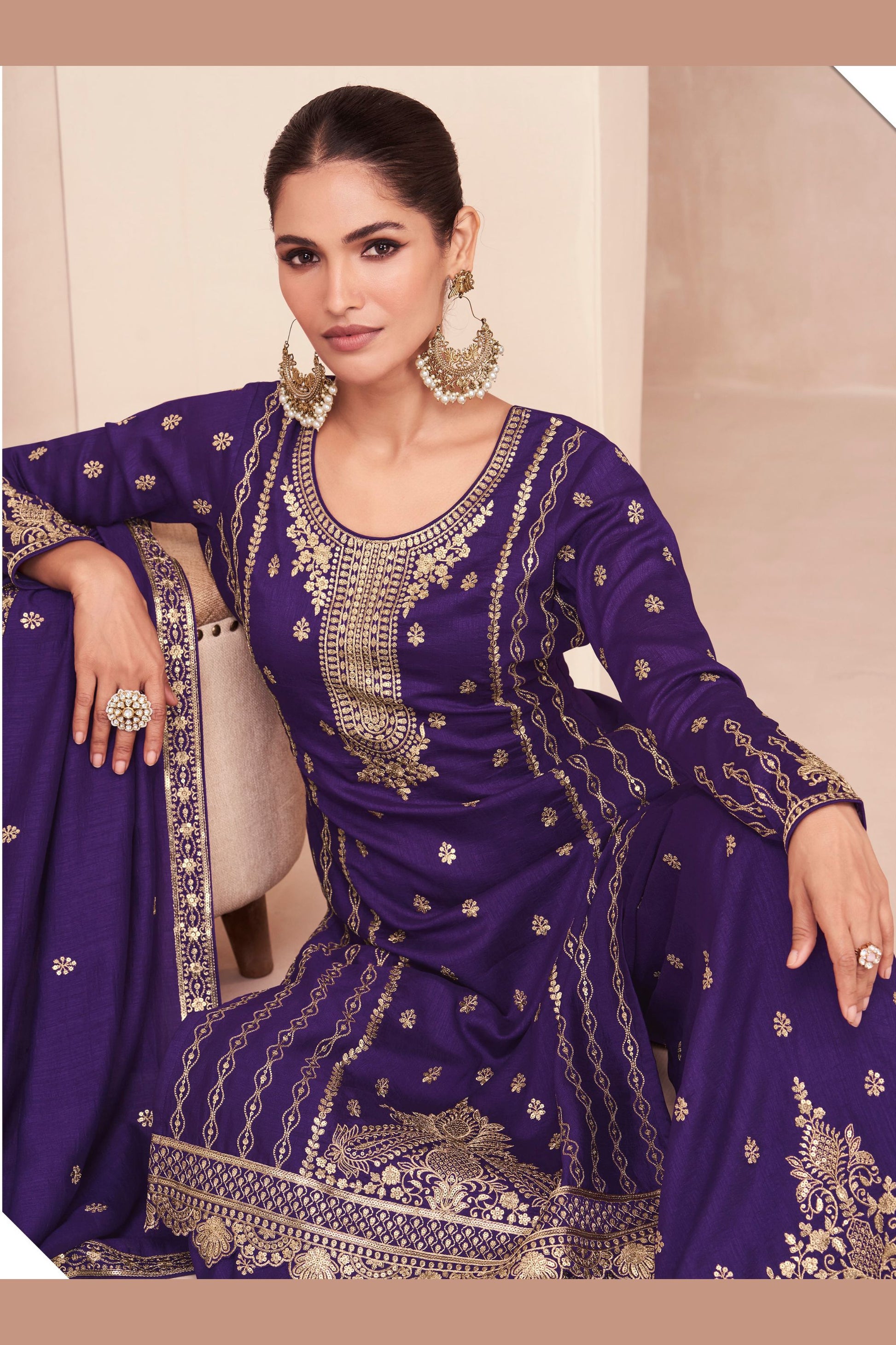 Purple Silk Plazo Kameez Suit For Indian Wedding & Pakitani Festival - Embroidery Work