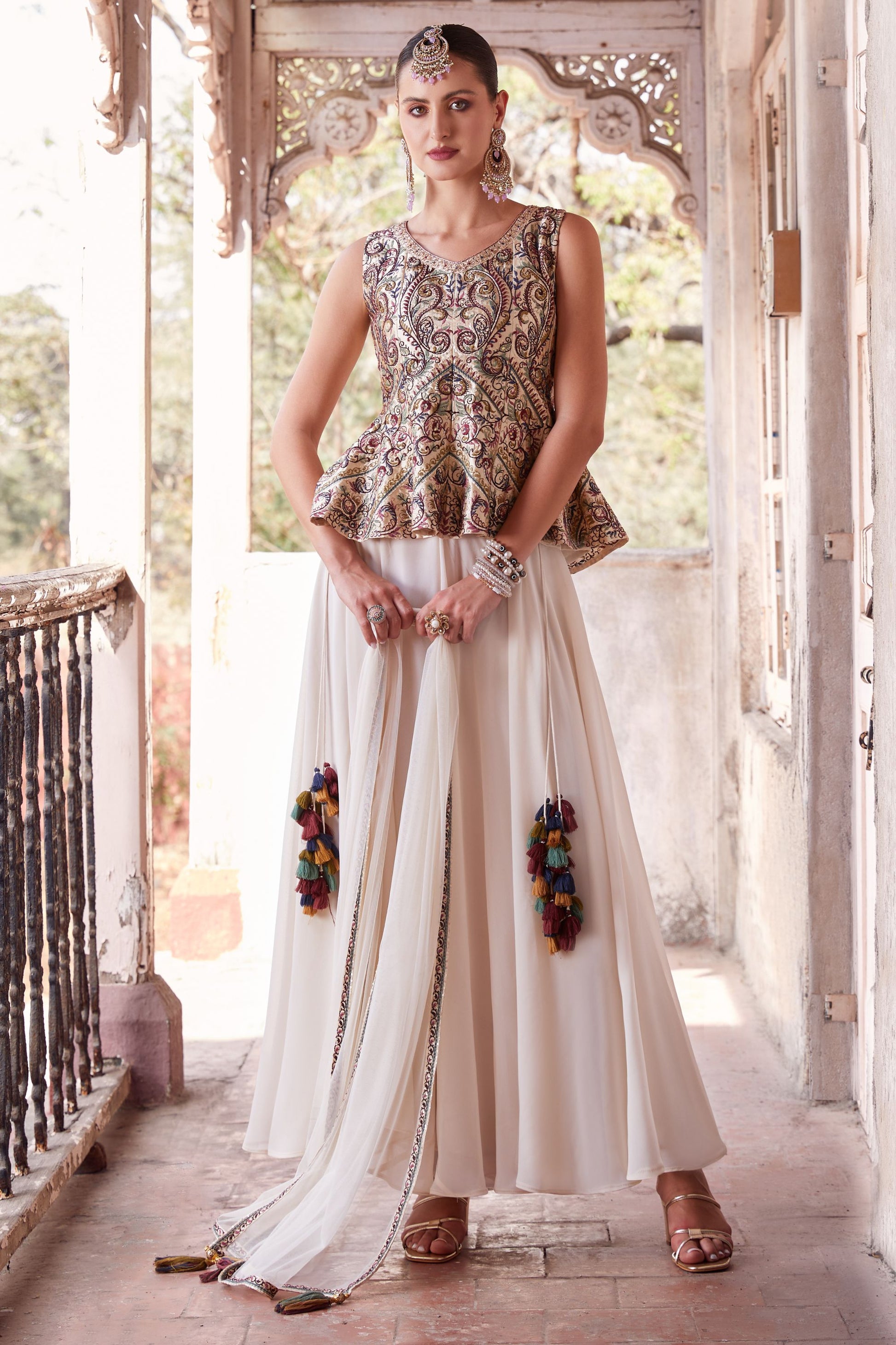 Off White Georgette Long Top Palazzo Suit For Indian Weddings & Festivals - Thread & Sequence Embroidery Work, Zari Work