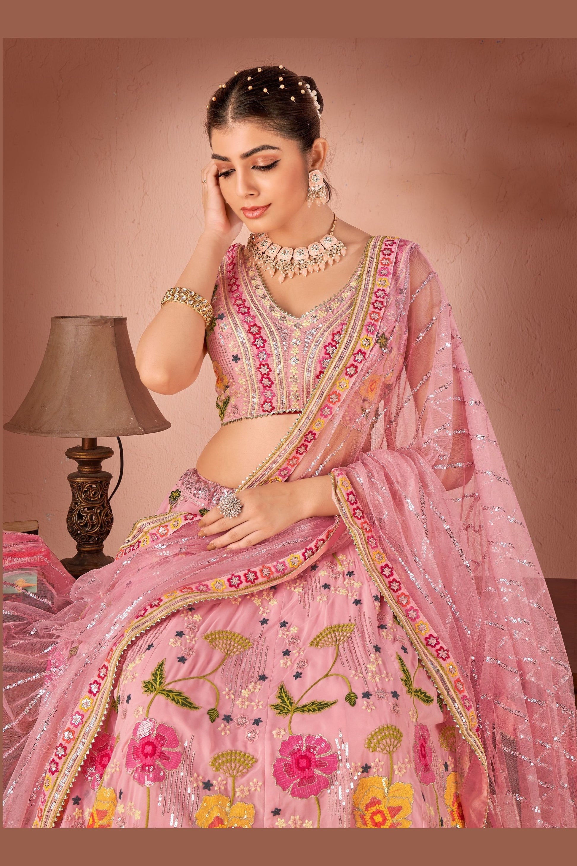 Pink Green Georgette Lehenga Choli For Indian Festivals & Weddings - Thread Embroidery Work, Sequence Embroidery Work