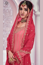 Coral Pink Chinon Silk Plazo Suit For Indian & Pakistani Wedding Festival - Thread & Sequence Embroidery Work