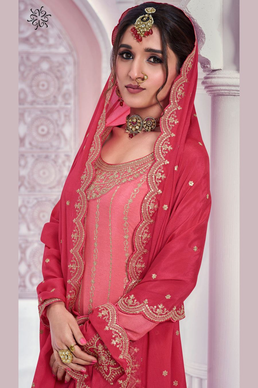 Coral Pink Chinon Silk Plazo Suit For Indian & Pakistani Wedding Festival - Thread & Sequence Embroidery Work