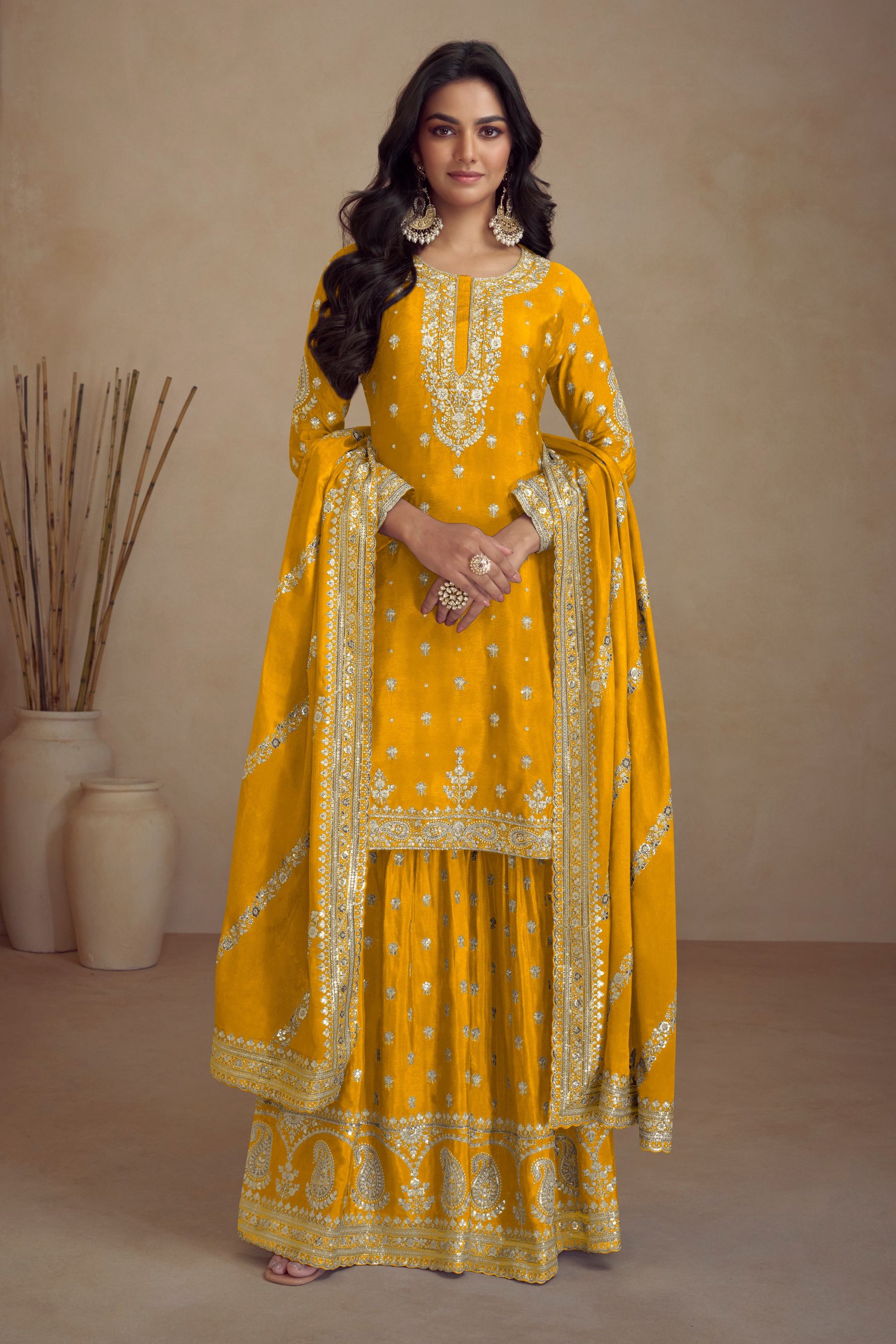 Yellow Chinon Silk Palazzo Suit For Indian Weddings & Pakitani Festival - Embroidery Work