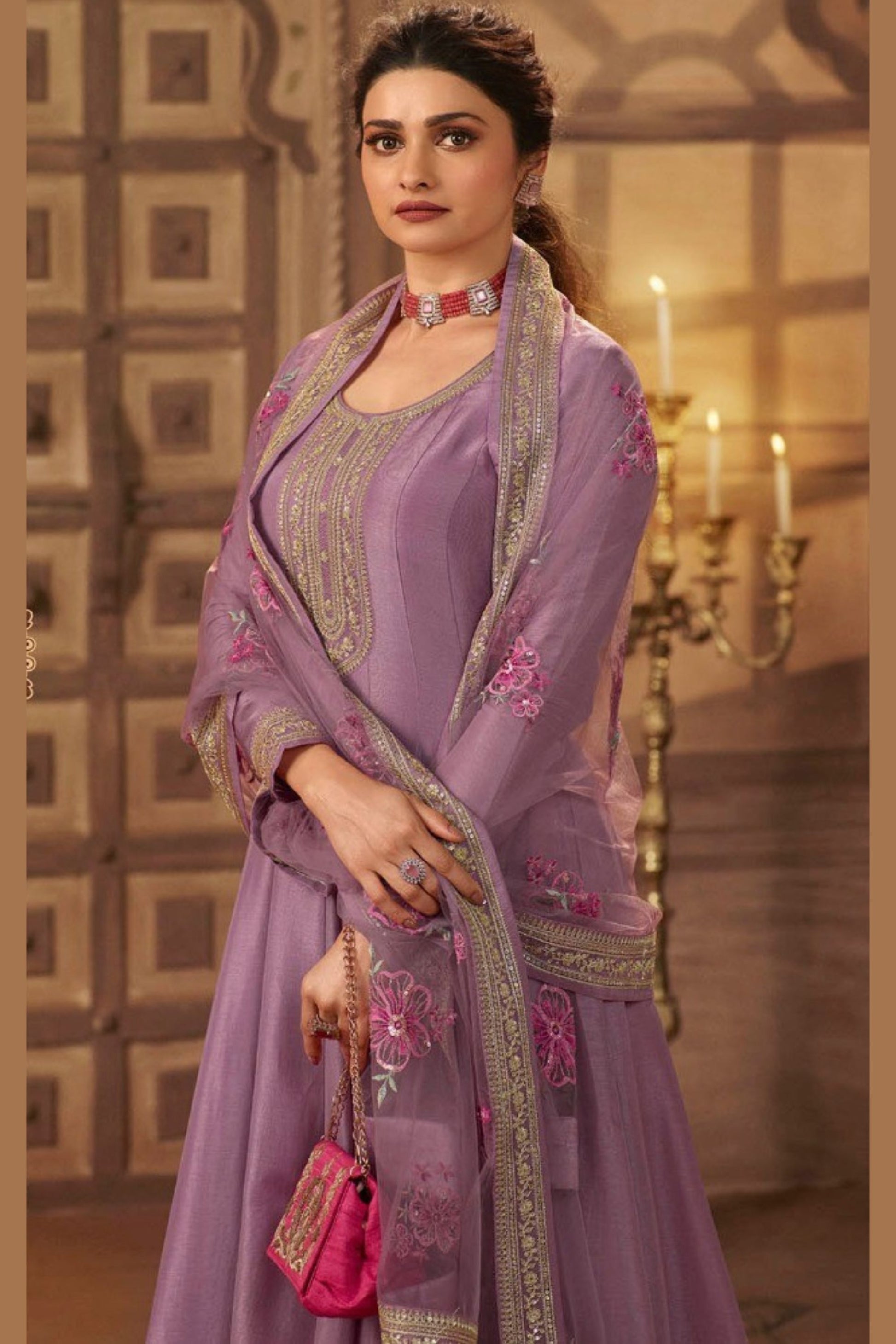 Purple Dola Silk Full Floor Length Anarkali Suit For Indian Festivals & Pakistani Wedding - Embroidery Work