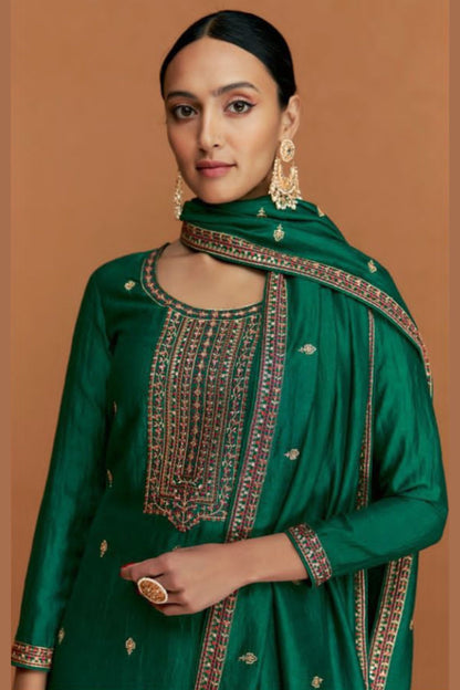 Green Silk Kameez with Pant And Dupatta For Indian Suit Festivals & Pakistani Weddings - Embroidery Work