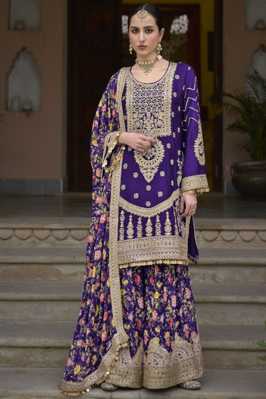 Blue Chinon Silk Kameez with Plazzo And Dupatta For Indian Suit Festivals & Pakistani Weddings - Embroidery Work