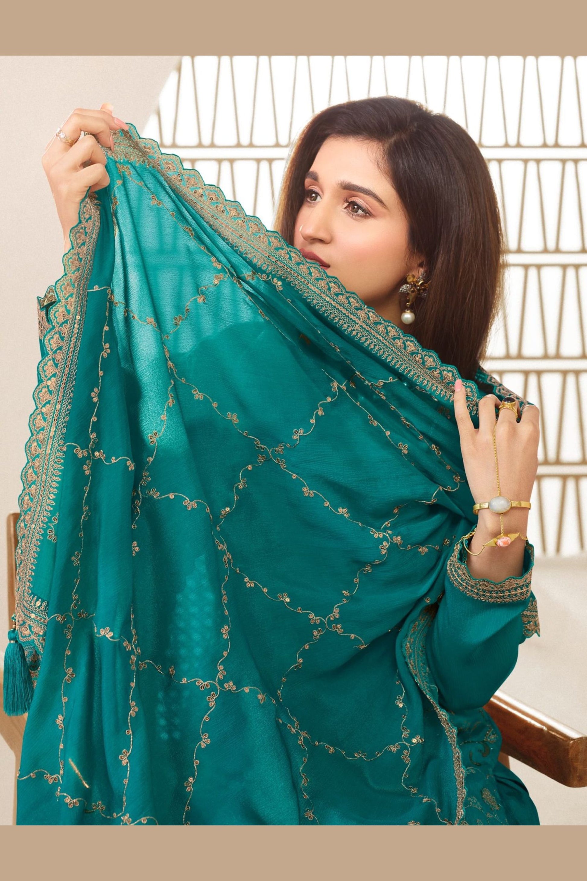 Turquoise Jacquard Silk Palazzo Suit For Indian Festivals & Pakistani Plazo Weddings Dress - Embroidery Work