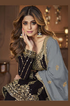 Black Georgette Salwar Kameez Lengha Suit For Indian Wedding & Festival - Embroidery Sequence Work