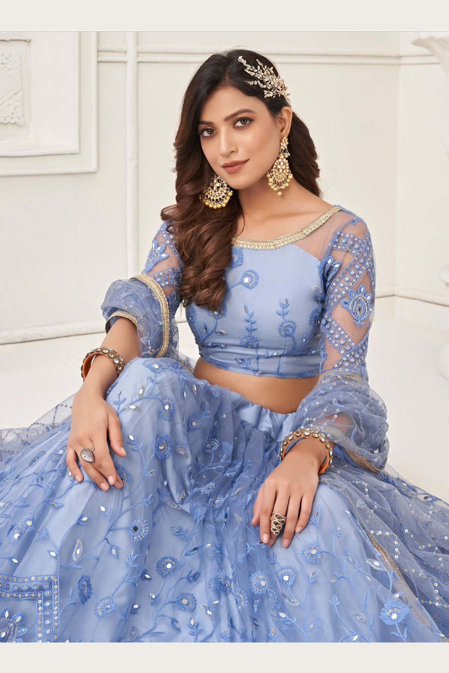 Light Purple Net Embroidered Lehenga Choli For Indian Festival & Weddings - Embroidery Work