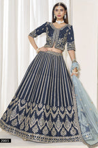 Navy Blue Art Silk Lehenga Choli For Indian & Pakistani Wedding Festival - Thread & Sequence Embroidery Work