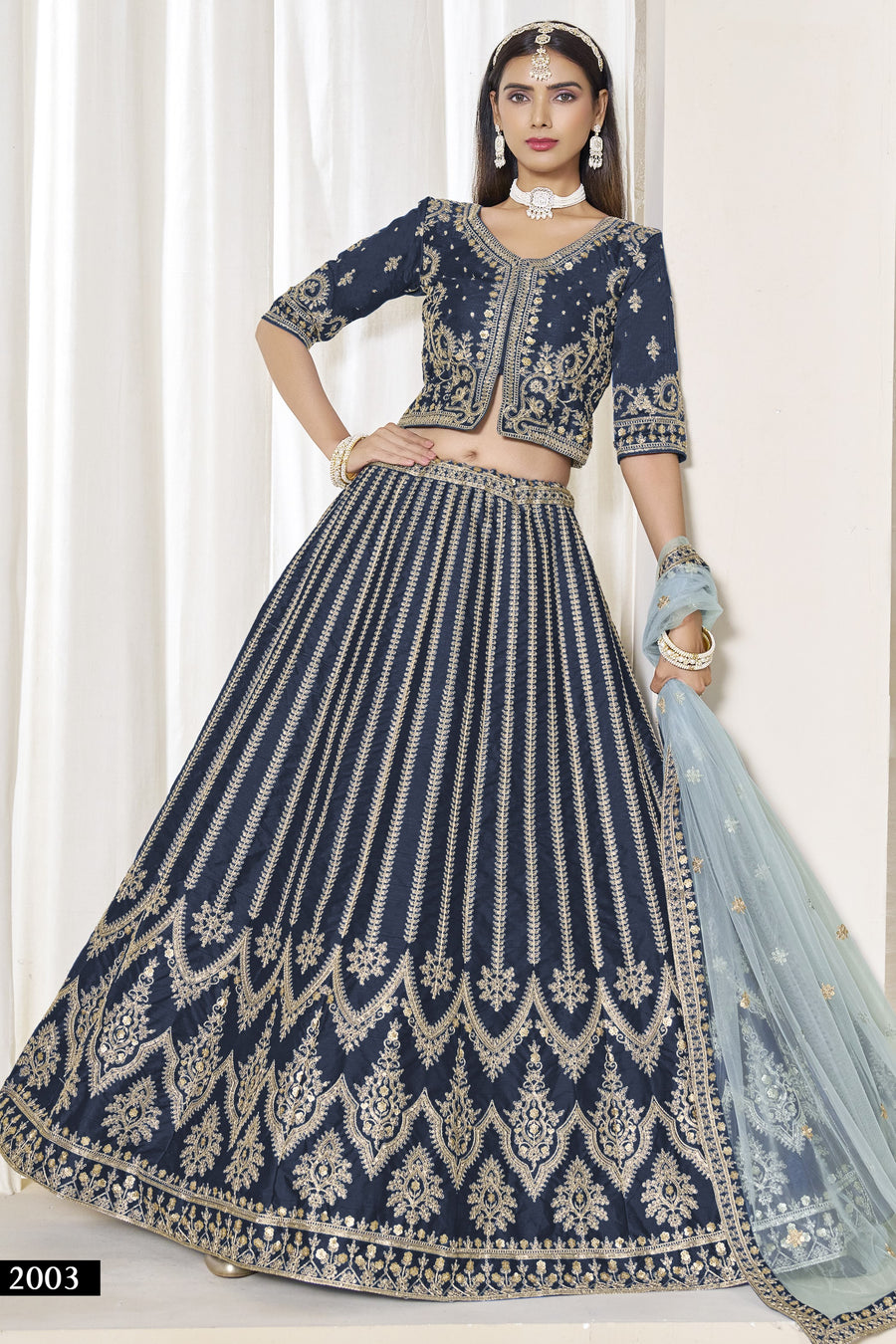 Navy Blue Art Silk Lehenga Choli For Indian & Pakistani Wedding Festival - Thread & Sequence Embroidery Work
