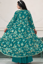Teal Georgette Palazzo with Choli & Jacket For Wedding & Indian Festival - Embroidery Work