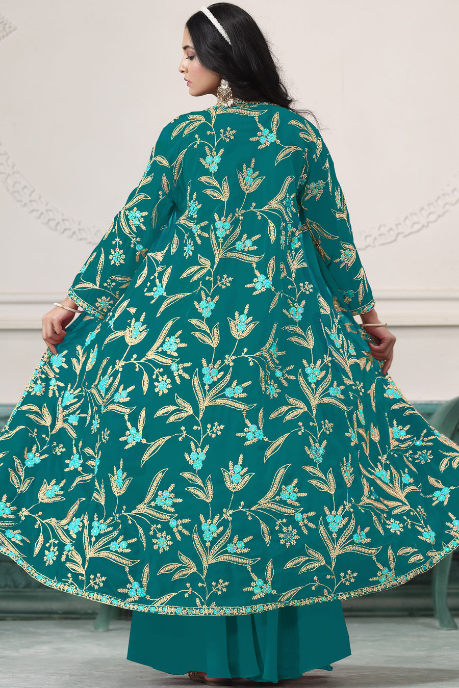 Teal Georgette Palazzo with Choli & Jacket For Wedding & Indian Festival - Embroidery Work