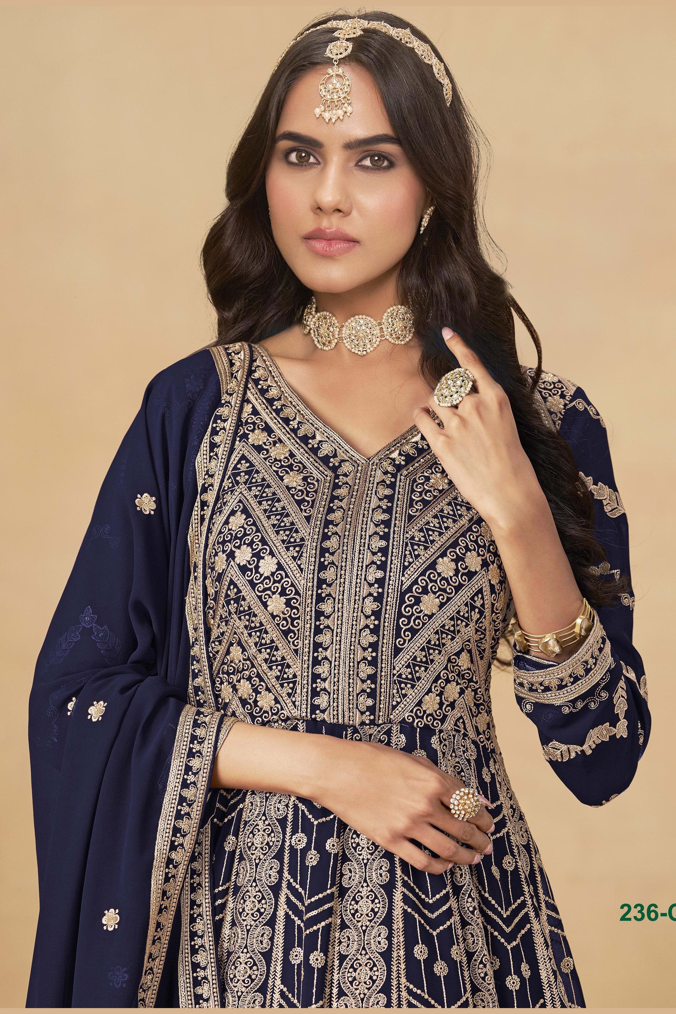 Navy Blue Georgette Anarkali Suit For Indian & Pakistani Wedding Festival - Thread & Sequins Embroidery Work