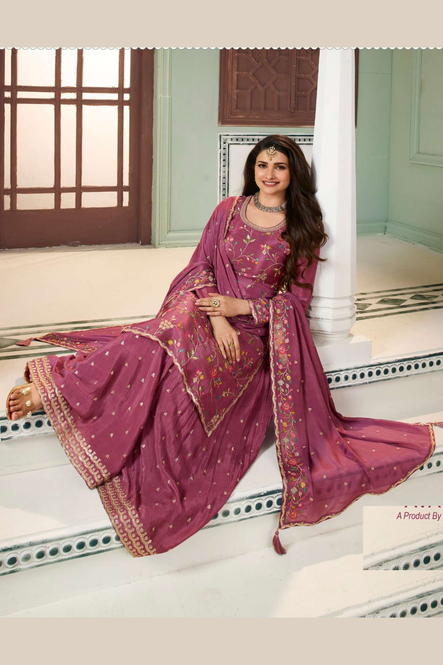 Maroon Chinon Silk Floral Plazo Suit For Indian Festivals & Pakistani Weddings Dress - Embroidery Work