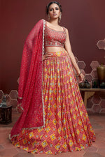 Red Banglori Silk Party Wear Lehenga Choli For Indian & Pakistani Wedding Festival - Embroidery Work, Print Work, Real Mirror Work