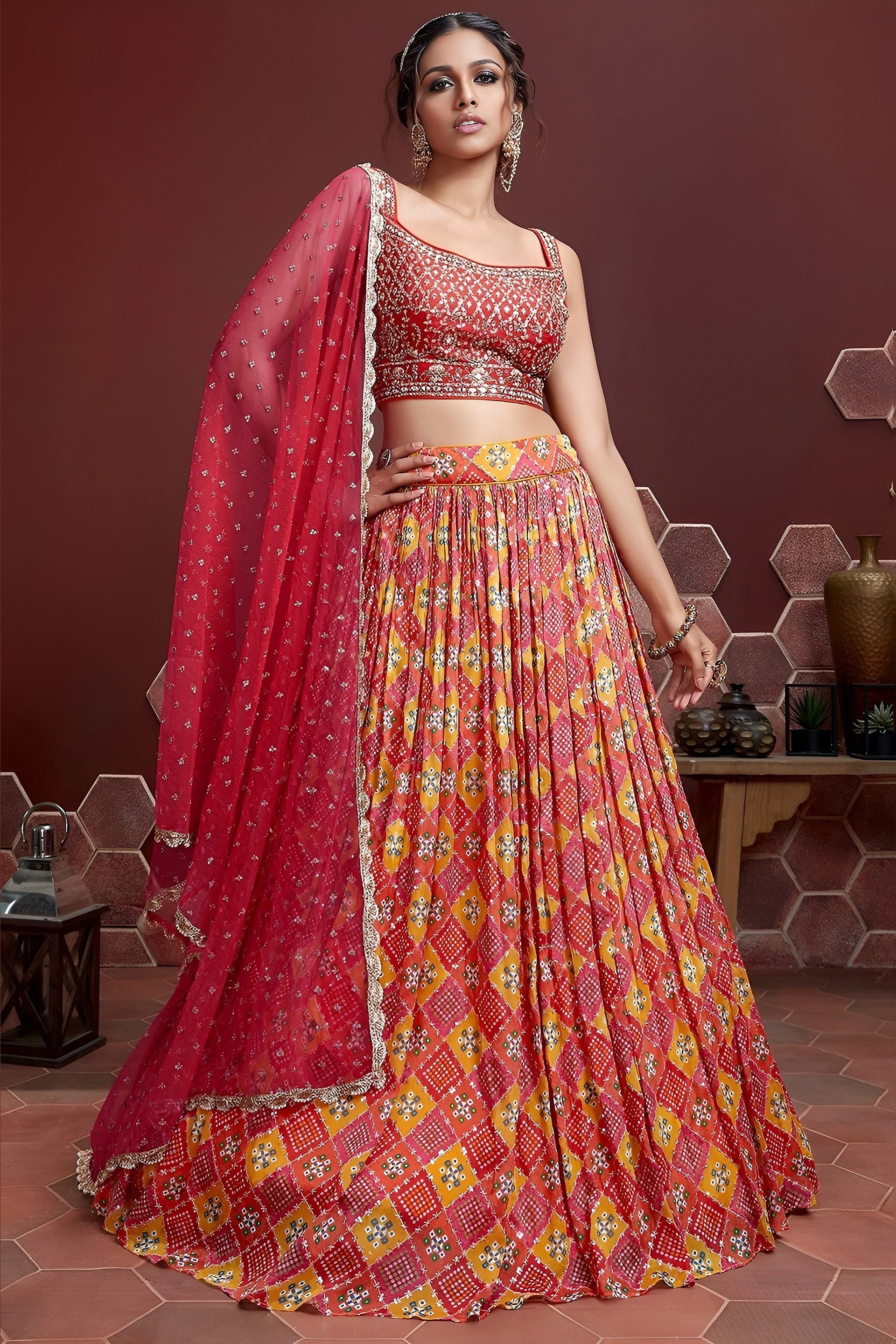 Red Banglori Silk Party Wear Lehenga Choli For Indian & Pakistani Wedding Festival - Embroidery Work, Print Work, Real Mirror Work