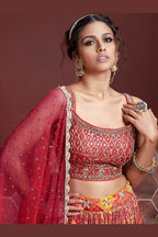 Red Banglori Silk Party Wear Lehenga Choli For Indian & Pakistani Wedding Festival - Embroidery Work, Print Work, Real Mirror Work