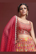 Red Banglori Silk Party Wear Lehenga Choli For Indian & Pakistani Wedding Festival - Embroidery Work, Print Work, Real Mirror Work