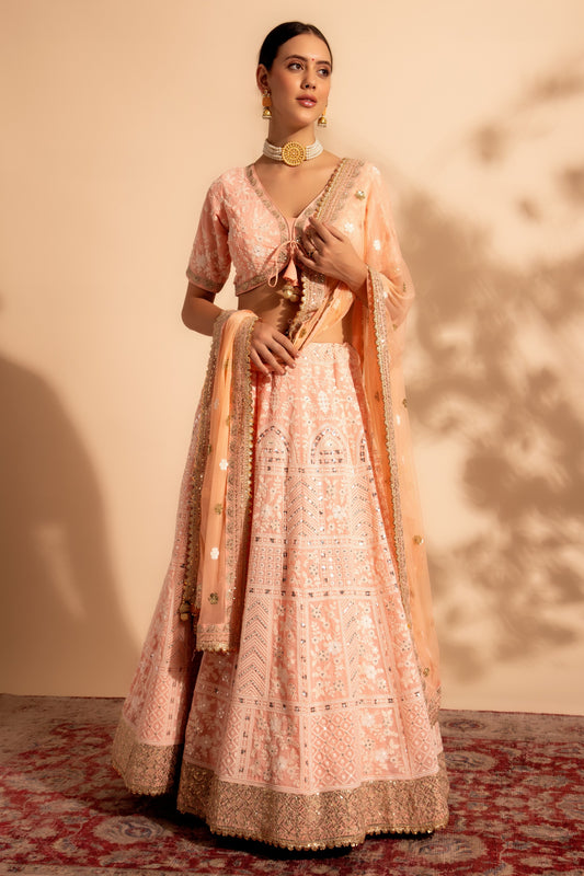 Peach Georgette Lehenga Choli For Indian Festivals & Weddings - Sequence Embroidery Work, Thread Embroidery Work