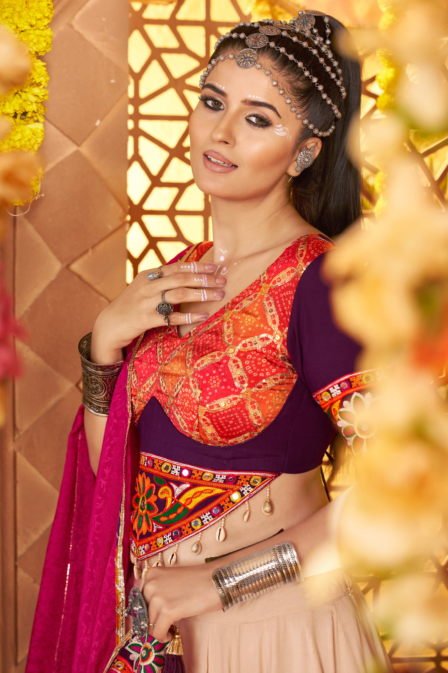 Beige Viscose Rayon Chaniya Choli For Navratri Garba Indian Festivals 9 Meter Flair - Embroidery Work, Real Mirror Work, Print Work