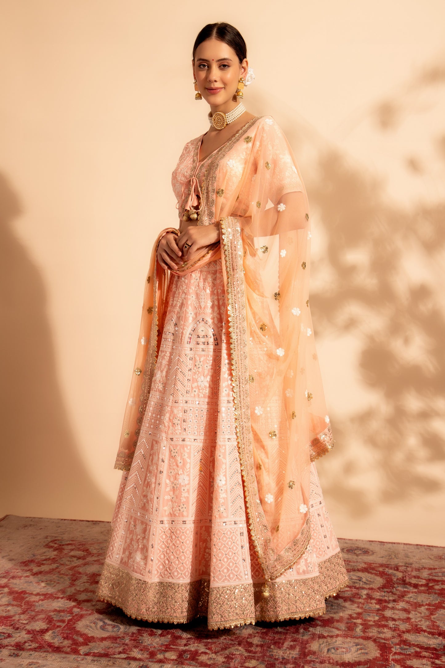 Peach Georgette Lehenga Choli For Indian Festivals & Weddings - Sequence Embroidery Work, Thread Embroidery Work