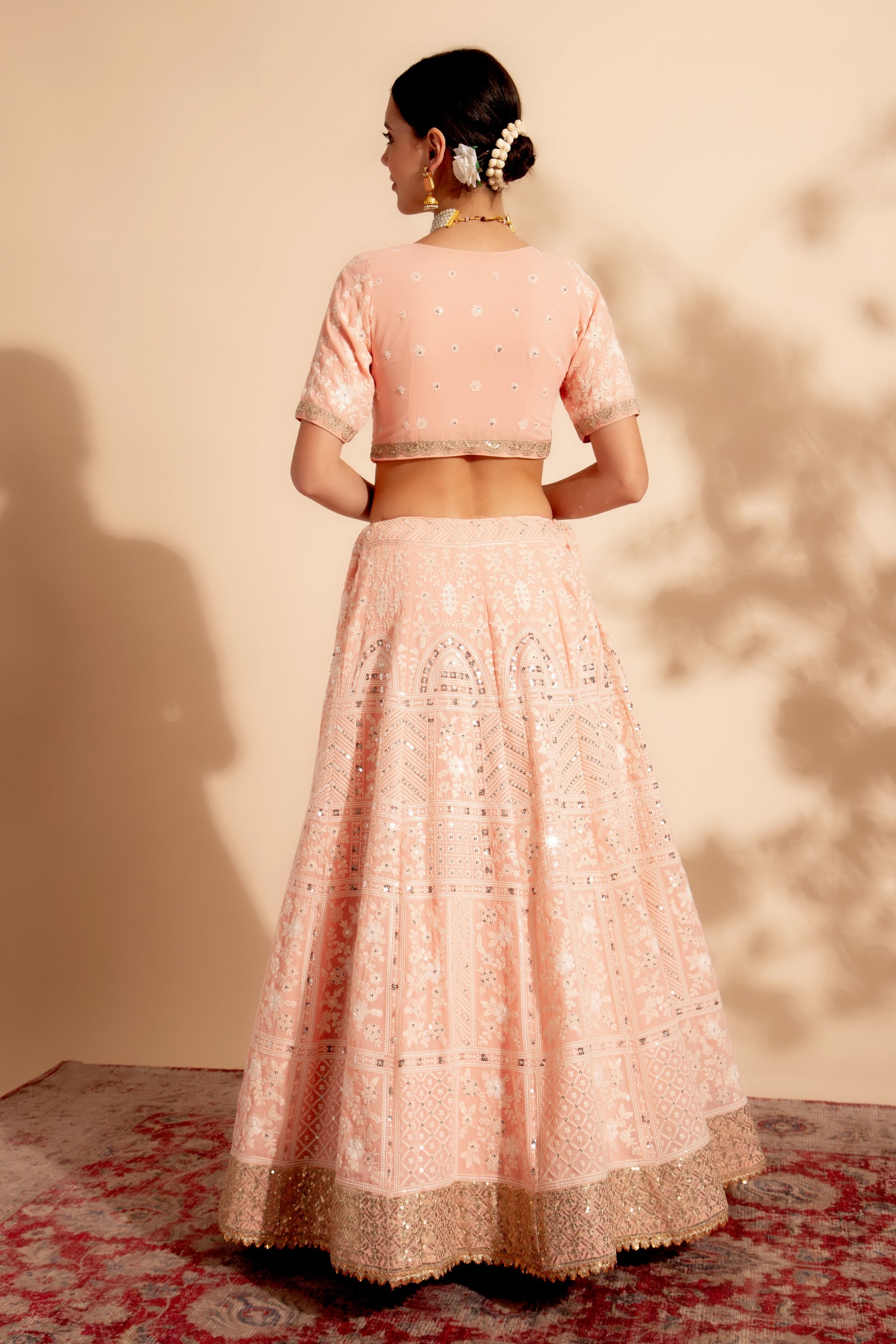 Peach Georgette Lehenga Choli For Indian Festivals & Weddings - Sequence Embroidery Work, Thread Embroidery Work