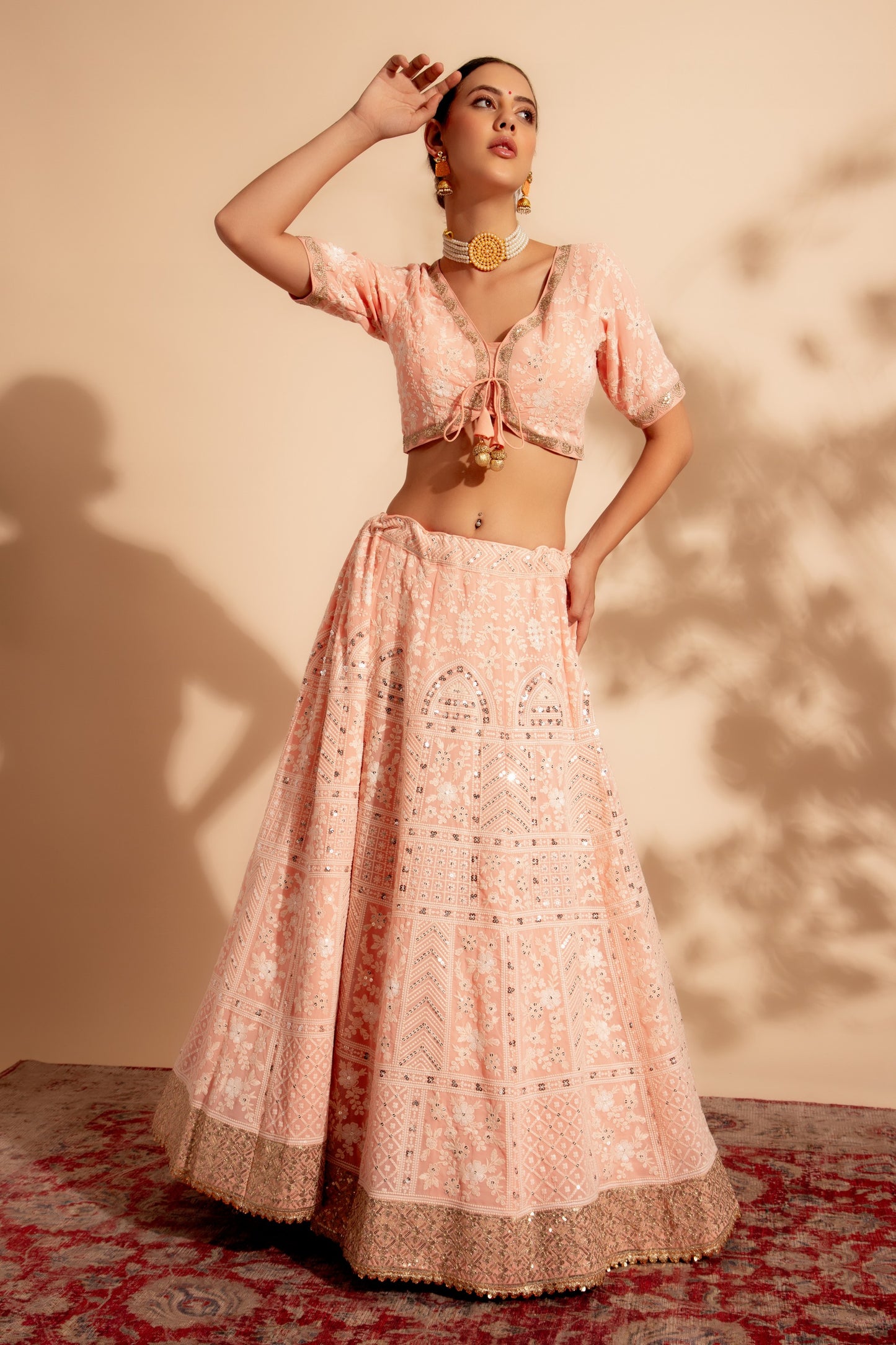 Peach Georgette Lehenga Choli For Indian Festivals & Weddings - Sequence Embroidery Work, Thread Embroidery Work