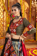 Black Viscose Rayon Chaniya Choli For Navratri Garba Indian Festivals 9 Meter Flair - Embroidery Work, Real Mirror Work, Print Work