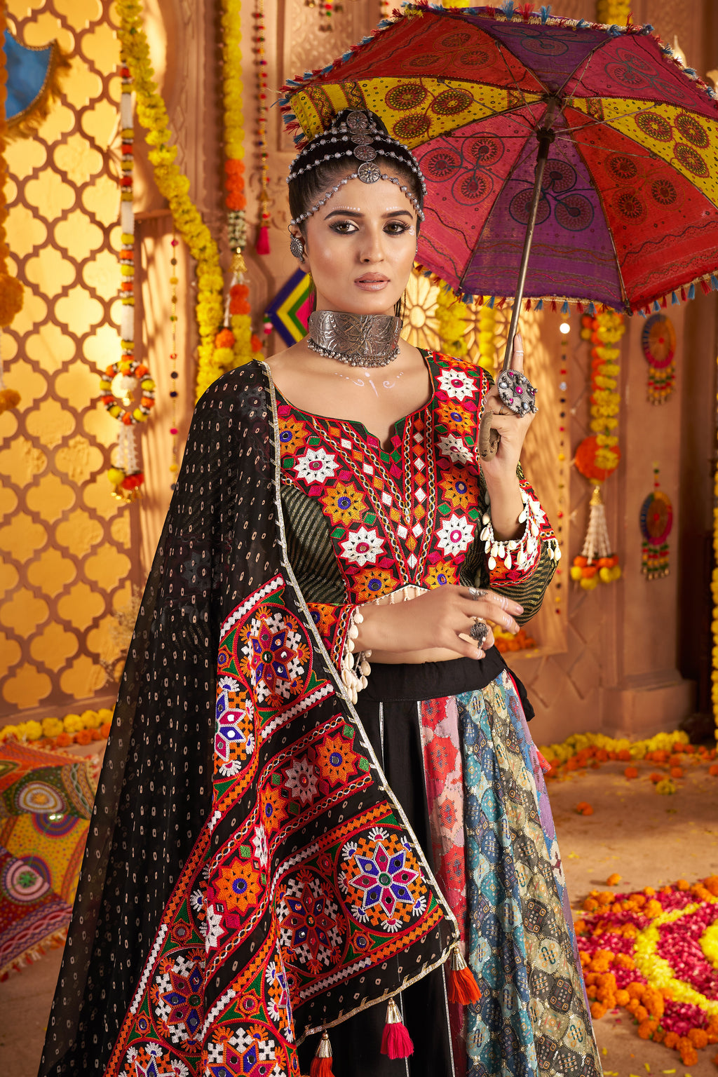 Black Viscose Rayon Chaniya Choli For Navratri Garba Indian Festivals 9 Meter Flair - Embroidery Work, Real Mirror Work, Print Work