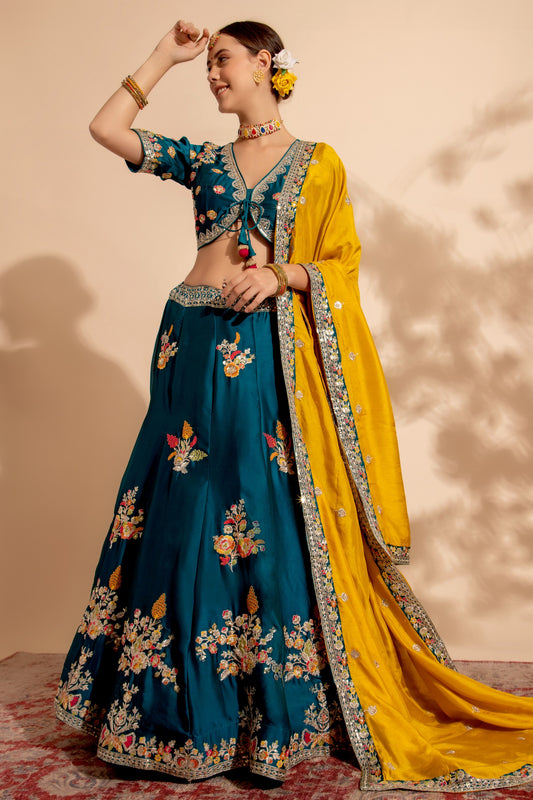 Teal Organza Lehenga Choli For Indian Festivals & Wedding - Thread Embroidery Work, Sequence Embroidery Work