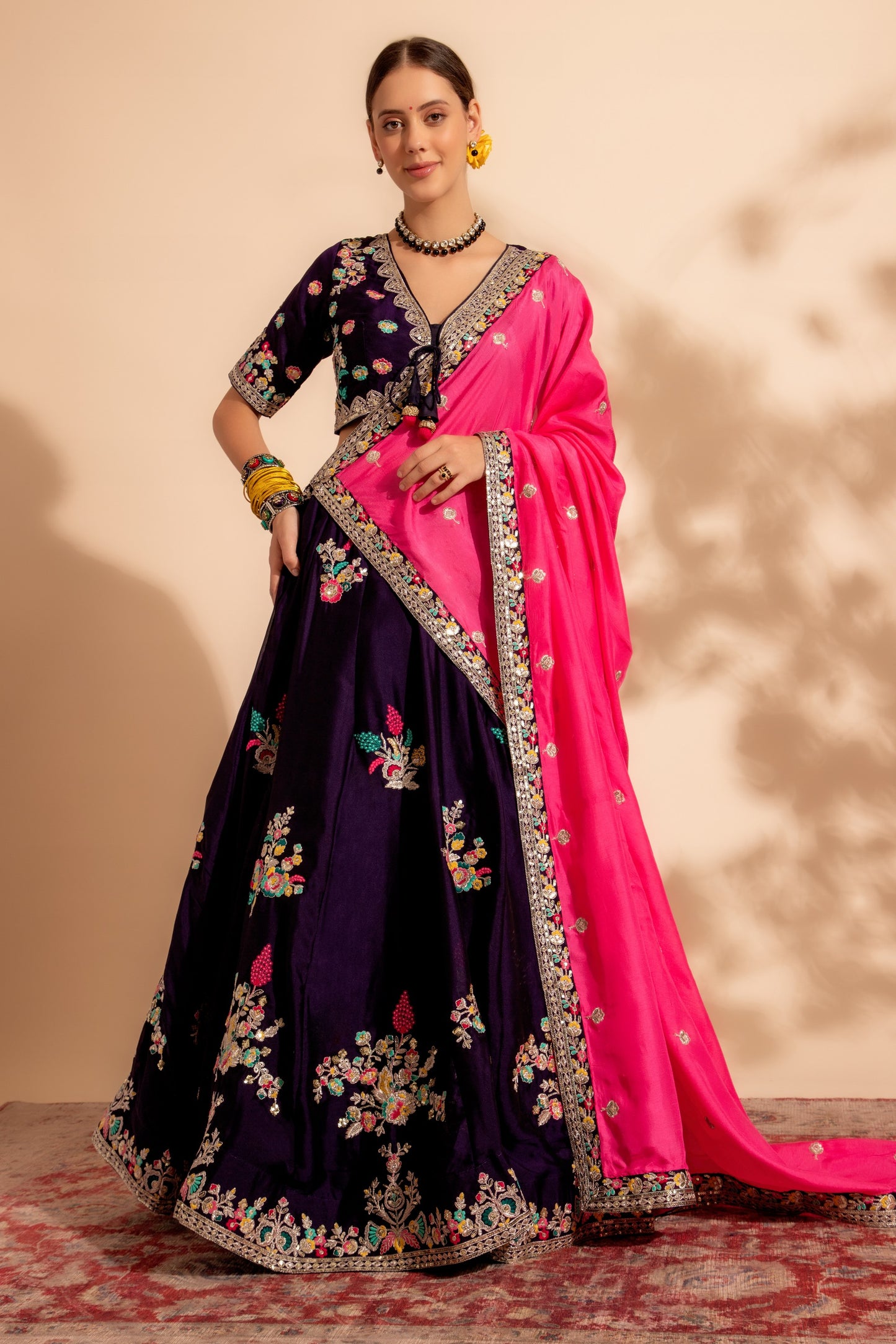 Dark Purple Organza Lehenga Choli For Indian Festivals & Wedding - Thread Embroidery Work, Sequence Embroidery Work