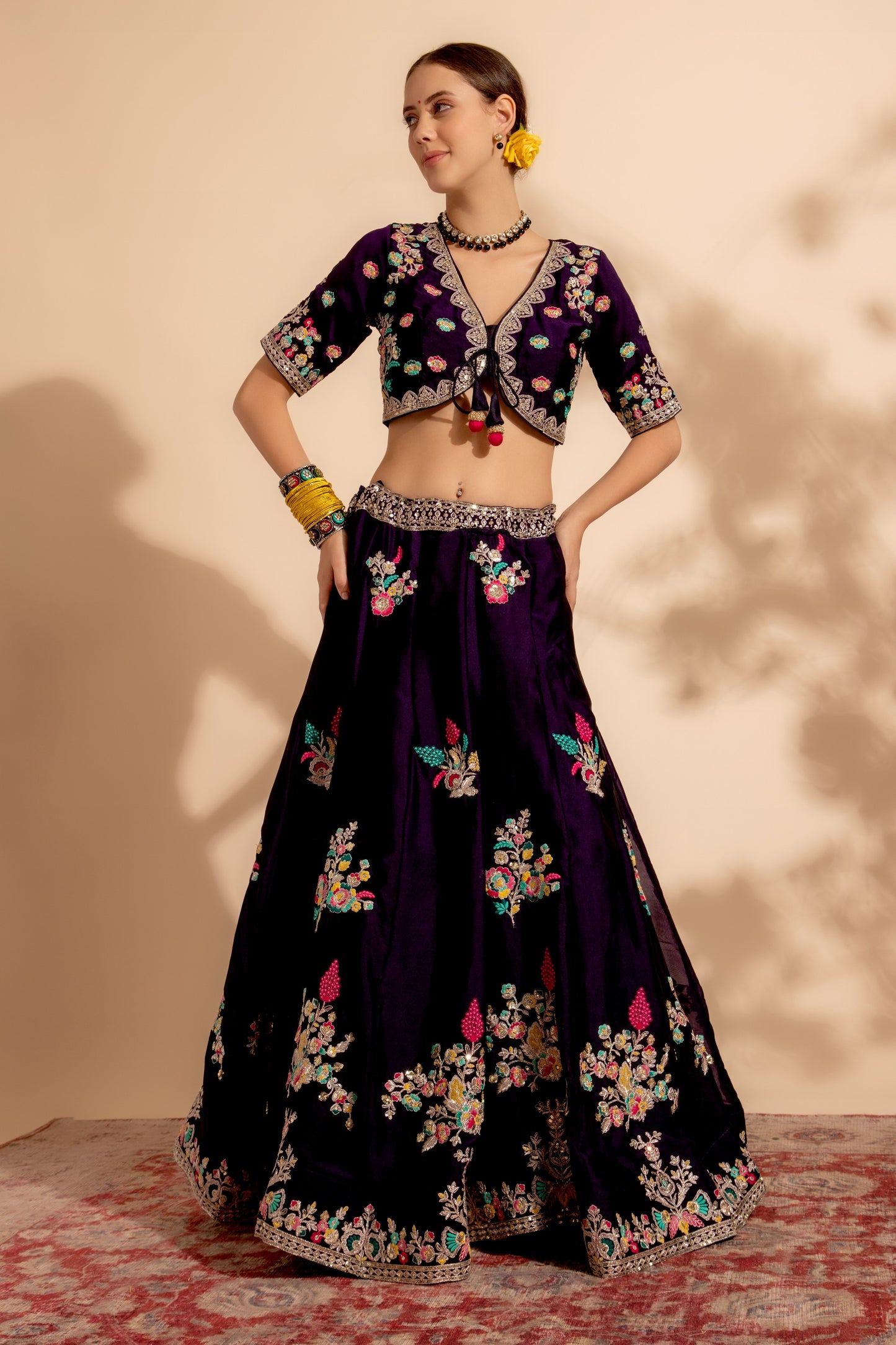 Dark Purple Organza Lehenga Choli For Indian Festivals & Wedding - Thread Embroidery Work, Sequence Embroidery Work