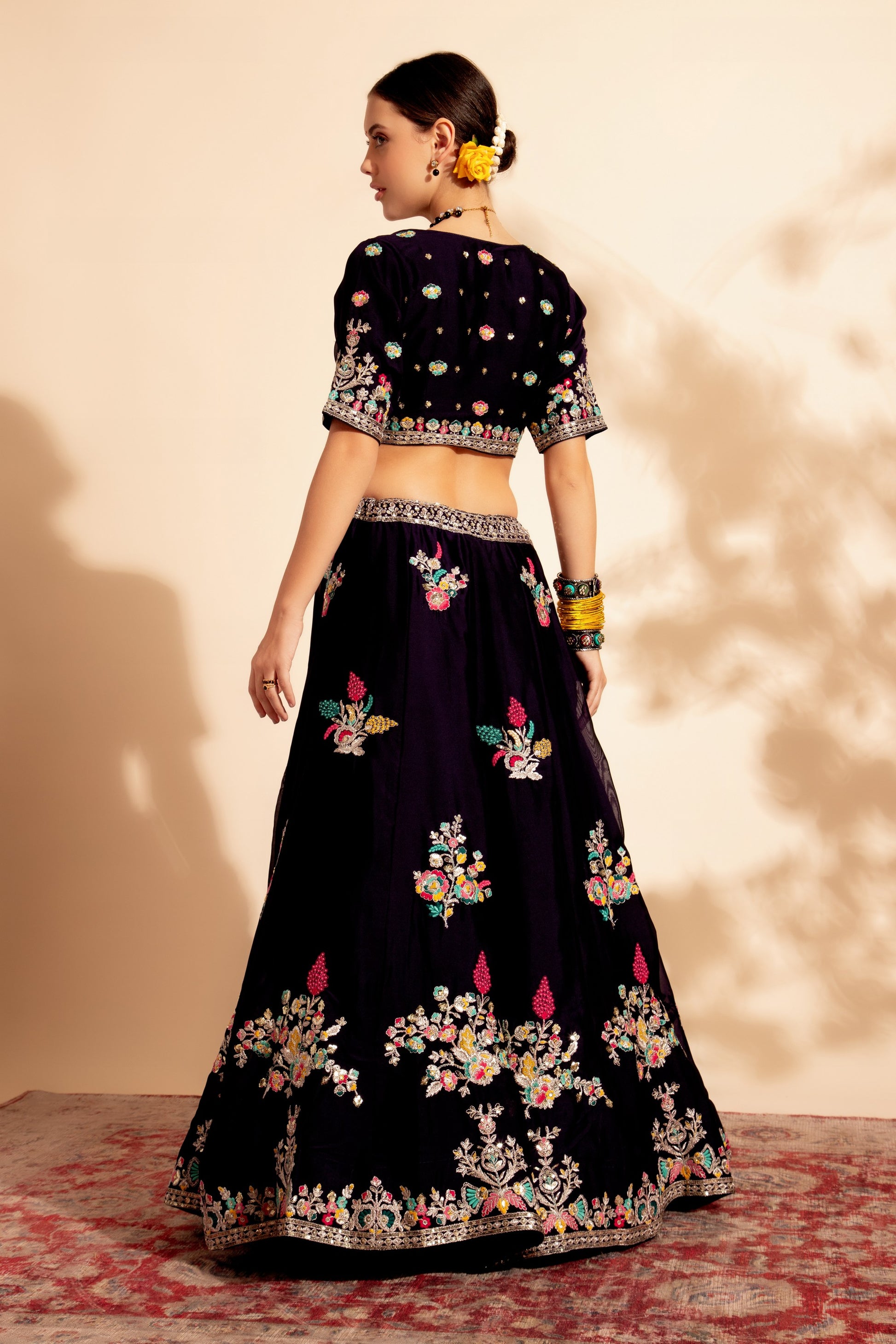 Dark Purple Organza Lehenga Choli For Indian Festivals & Wedding - Thread Embroidery Work, Sequence Embroidery Work