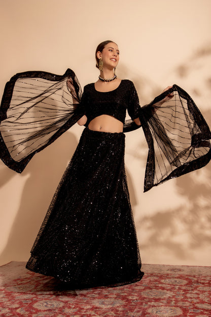 Black Net Lehenga Choli For Indian Festivals & Wedding - Sequence Embroidery Work, Bead Work