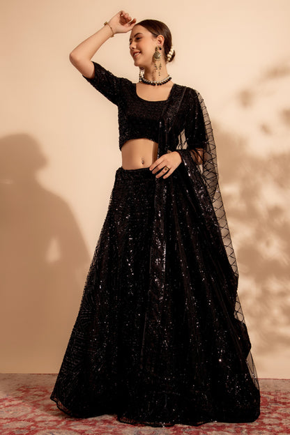 Black Net Lehenga Choli For Indian Festivals & Wedding - Sequence Embroidery Work, Bead Work